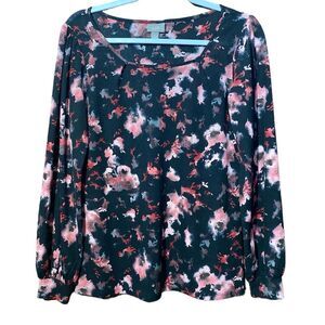 J.Jill Women's Knit Blouse Black & Red Floral Bishop Sleeve Scoop Neck Size M